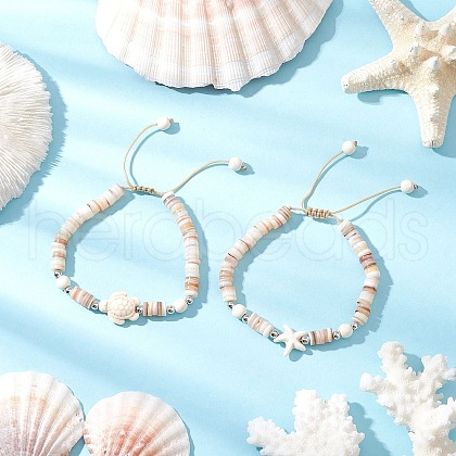 2Pcs Starfish & Turtle Natural Freshwater Shell Beads Braided Bead Bracelets BJEW-JB11919-02-1