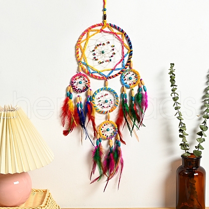 Woven Net/Web with Feather Pendant Decoration HJEW-PW0001-028-1