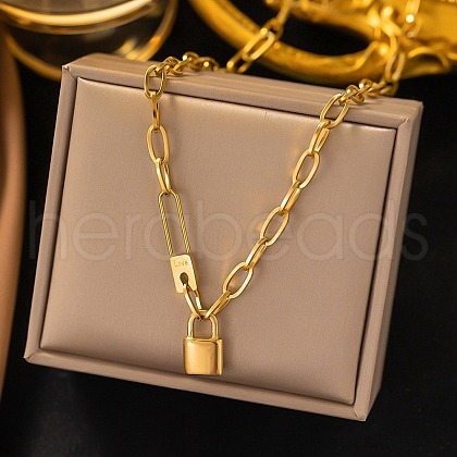 304 Stainless Steel Lock Pendant Paperclip Chain Necklaces for Women Men NJEW-Q028-07G-1
