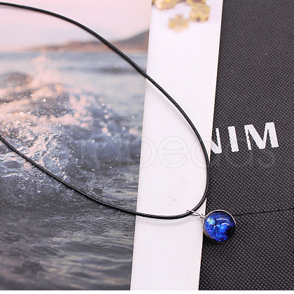 Luminous Zinc Alloy & Glass Flat Round with Constellation Pendant Black Korean Waxed Cord Necklaces WG08639-07-1