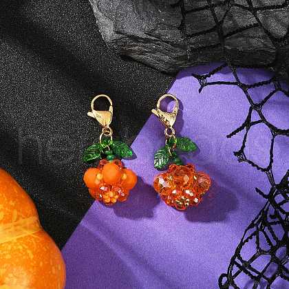 2Pcs Halloween Theme Pumpkin Glass Seed Beads Pendant Decorations HJEW-MZ00283-1