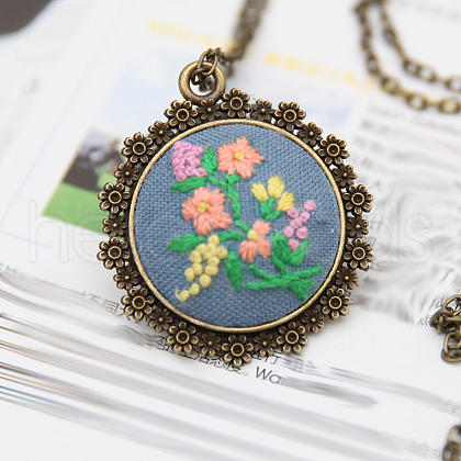 DIY Embroidery Flower Pendant Necklace Making Kit HUDU-PW0001-065C-1