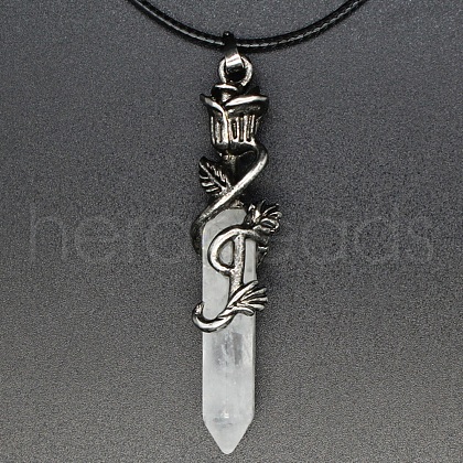 Metal Rose Flower Wrapped Pointed Natural Quartz Crystal Bullet Pendant Necklaces PW-WG450FA-02-1