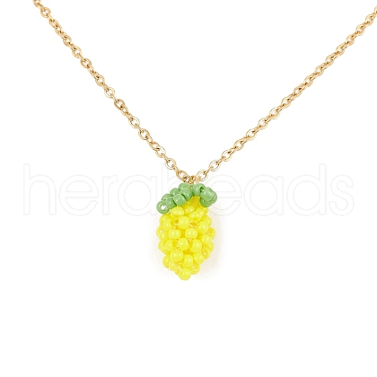 Glass Seed Beaded Lemon Pendant Necklace with 304 Stainless Steel Cable Chains NJEW-MZ00022-1