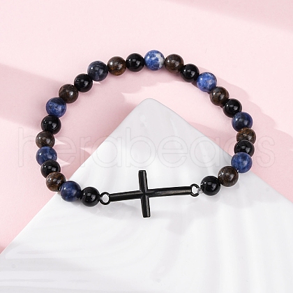 Round Natural Sodalite & Black Agate & Picasso Jasper Beads Stretch Bracelets BJEW-F493-06EB-1