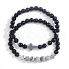 2Pcs 2 Styles Matte Style Black Agate Round Beads Stretch Bracelets for Men Women YD8152-5