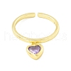 Cubic Zircona Heart Charm Dangle Open Cuff Ring RJEW-H103-02G-2
