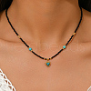 Vintage Stainless Steel Pave Synthetic Turquoise Heart Pendant Glass Faceted Round Beaded Necklaces for Women UN1640-2