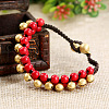 Bohemian Style Synthetic Turquoise Round Beaded & Brass Bell Charm & Wax Cord Braided Bead Bracelets FS-WGC2A27-03-1