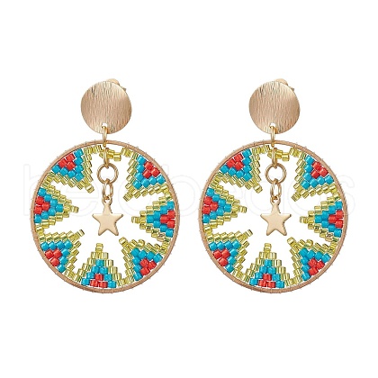Glass Seed Bead Flat Round Dangle Stud Earrings for Women EJEW-MZ00267-1