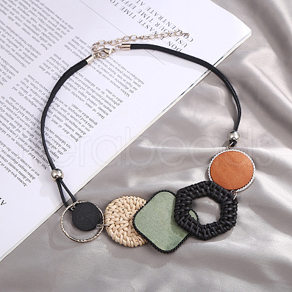 Bohemian Style Alloy and Raffia Geometric Pendant PU Leather Cord Bib Necklaces FS-WG7F958-04-1