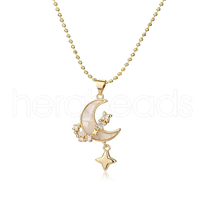 Brass Clear Cubic Zirconia & Shell Moon Star Pendant Ball Chain Necklaces for Women PW-WGF0F67-01-1