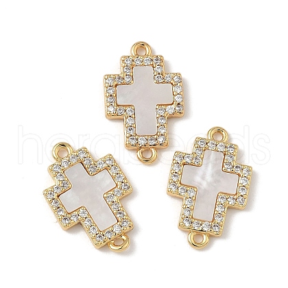 Brass Micro Pave Clear Cubic Zirconia and Natural Shell Cross Connector Charms KK-Z115-09G-1