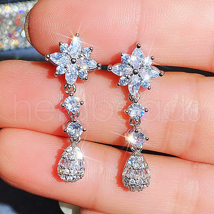 Flower & Teardrop Brass Micro Pave Clear Cubic Zirconia Dangle Stud Earrings FS-WG330D2-03-1