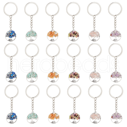 Flat Round with Tree of Life Tibetan Style Alloy & Gemstone Chip Keychians KEYC-AR00001-1