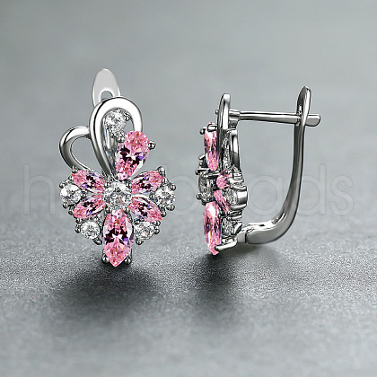 Brass Micro Pave Cubic Zirconia Flower Hoop Earrings WGA76CA-06-1