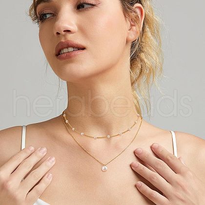 2Pcs Brass & Plastic Imitation Pearl Round Beaded Double Layer Pendant Necklaces for Women FS-WG9B395-02-1