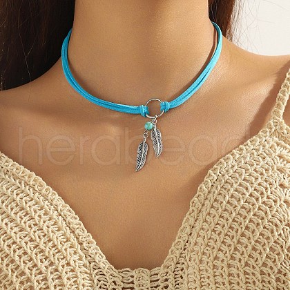 Bohemian Style Alloy Feather Charm & Synthetic Turquoise Pendant Choker Necklaces FS-WGABF31-04-1
