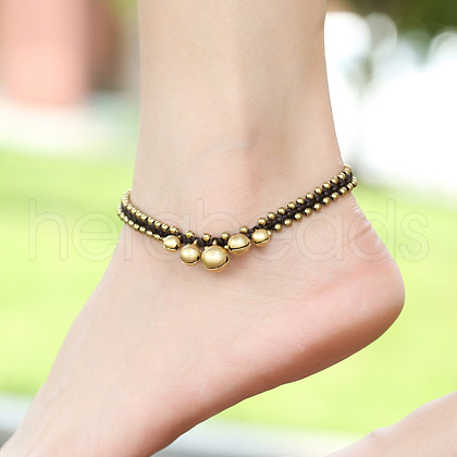 Ethnic Style Brass Bell Charm Braided Waxed Cord Adjustable Anklets for Women FS-WG2B00D-01-1