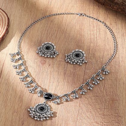 Flower Alloy Rhinestone Pendant Necklace & Stud Earring FS-WG1C18E-03-1