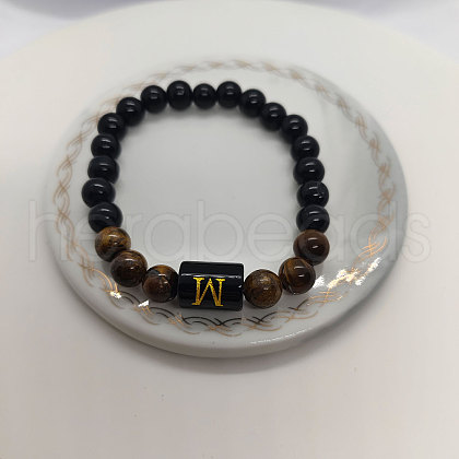 Natural Tiger Eye & Black Obsidian Round Beaded Stretch Braceletes WG32BD9-16-1