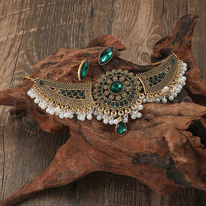 Bohemian Style Zinc Alloy & Rhinestone & Plastic Pearl Tassel Pendant Necklace & Dangle Earring FS-WG87356-08-1
