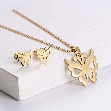 201 Stainless Steel Pendant Necklace & Stud Earring Sets FS-WGB816B-26-1