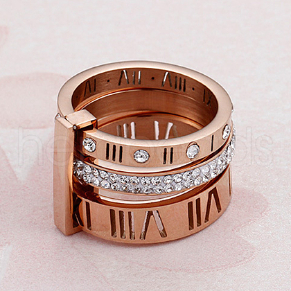 Roman Numerals 304 Stainless Steel & Crystal Rhinestone Finger Rings FS-WGD9A22-52-1