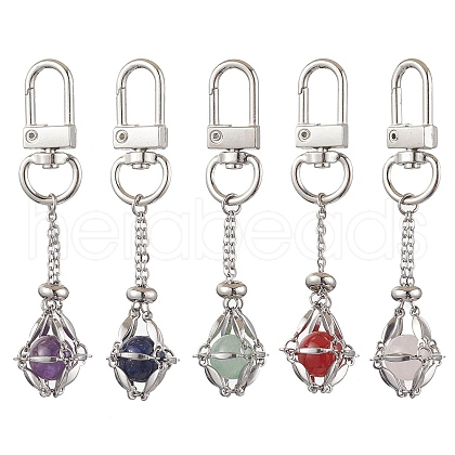 Stainless Steel Macrame Chain Pouch Round Natural Lapis Lazuli & Amethyst & Green Aventurine & Carnelian & Rose Quartz Holder Pendant Decorations HJEW-JM02047-1