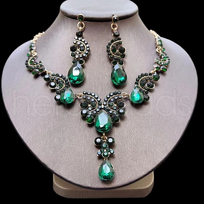 Teardrop Alloy Rhinestone Pendant Necklaces & Stud Earrings Sets FS-WG537BF-10-1