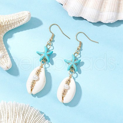 Star with Shell Shape Synthetic Turquoise Beads Dangle Earrings EJEW-JE06398-01-1