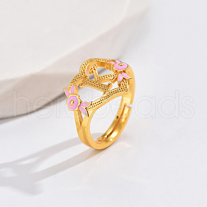 Heart & Flower Brass Pearl Pink Enamel Adjustable Finger Rings FS-WG8B9BA-10-1