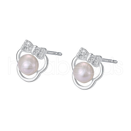Silver Butterfly Bow Design Artificial Pearl Women's Stud Earrings JJ2564-1