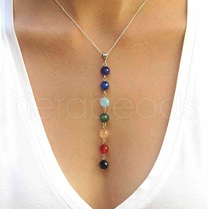 Round Dyed Agate Chakra Pendant Y Necklaces for Women WG9C879-01-1