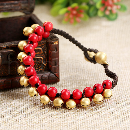 Bohemian Style Synthetic Turquoise Round Beaded & Brass Bell Charm & Wax Cord Braided Bead Bracelets FS-WGC2A27-03-1