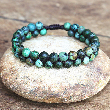 Natural African Turquoise(Jasper) Round Beaded Braided Bead Bracelets WGA4FF5-02-1