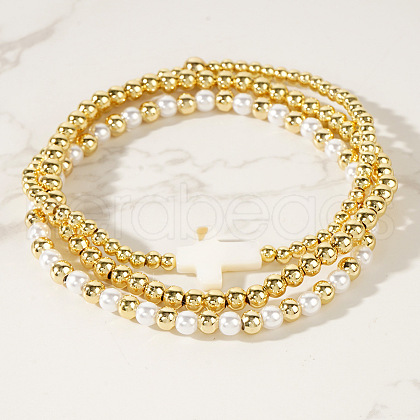 3Pcs Brass Round Beads Stretch Bracelets for Women NV0824-1