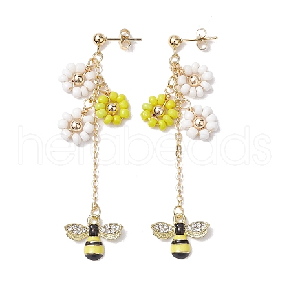 Spring Flower & Bees Alloy Enamel Dangle Stud Earrings EJEW-TA00498-1