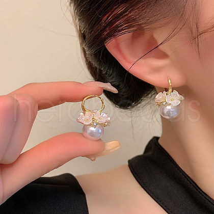Flower with Round Alloy Crystal Rhinestone Hoop Earrings FS-WG443EB-01-1