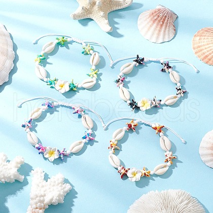 Starfish & Plumeria Synthetic Turquoise & Natural Cowrie Shell & Polymer Clay Beads Braided Bead Bracelets for Women BJEW-JB11847-1