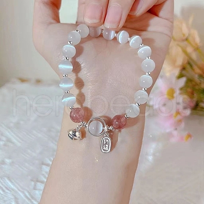 Bell Alloy & Cat Eye & Natural Strawberry Quartz Round Beaded Lucky Charm Bracelets for Women WG9D4EC-07-1