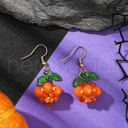 Halloween Theme Pumpkin Handmade Glass Seed Beaded Dangle Earrings EJEW-MZ00480-02-1