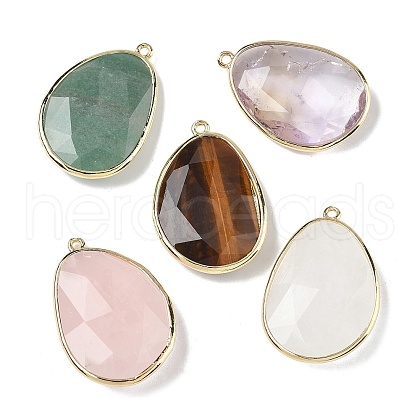 Natural Amethyst & Rose Quartz & Tiger Eye & Green Strawberry Quartz & Quartz Crystal Faceted Teardrop Pendants G-U028-01G-1
