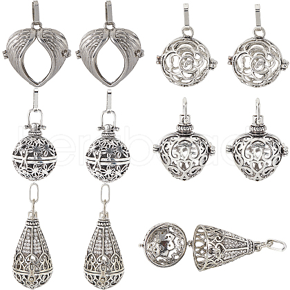 SUNNYCLUE 10Pcs 5 Styles Tibetan Style Brass Cage Pendants KK-SC0004-33-1