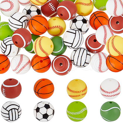 SUNNYCLUE 32Pcs 8 Colors All Kinds of Sports Balls Silicone Beads SIL-SC0001-80-1