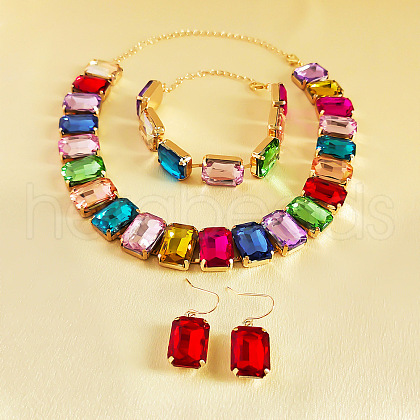 Alloy & Glass Rectangle Link Chain Necklaces & Bracelet & Dangle Earrings Sets FS-WGC2D75-02-1