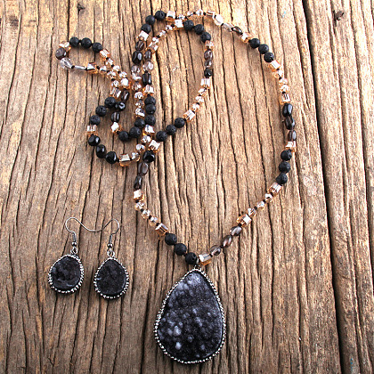 Teardrop Bohemian Style Glass with Natural Lava Rock Pendant Necklace & Dangle Earrings Sets FS-WG0DE9F-03-1