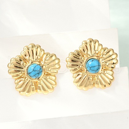 304 Stainless Steel Synthetic Turquoise Stud Earrings for Women EJEW-U046-15G-1