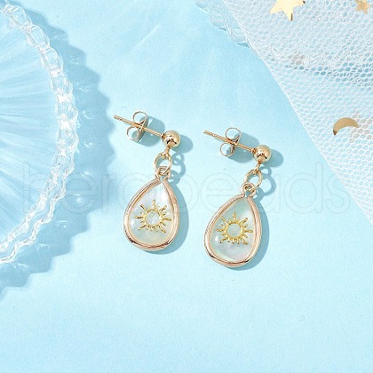 Brass Natural Paua Shell Teardrop Dangle Stud Earrings EJEW-JE06408-03-1
