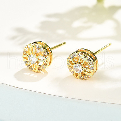 Flat Round Brass Micro Pave Clear Cubic Zirconia Stud Earrings EJEW-H162-04G-1